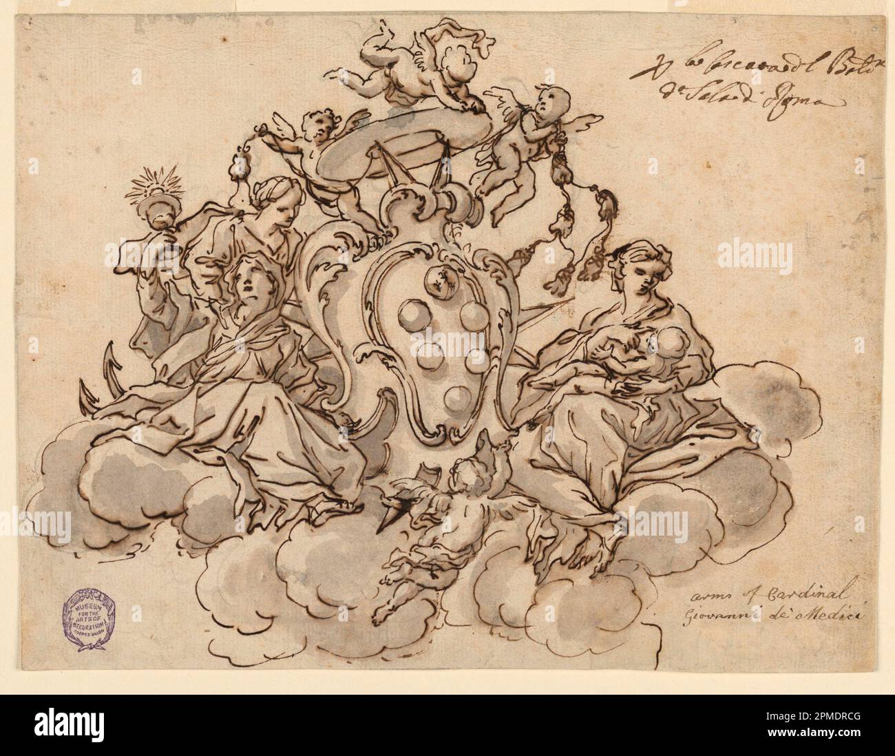 Disegno, disegno per un soffitto (?) Pittura con il mantello d'armi del cardinale Francesco Maria de'Medici; Italia; punto di piombo, penna e inchiostro, pennello e marrone, lavaggio nero su carta; 19,3 x 25,5 cm (7 5/8 x 10 1/16 pollici); 1908-11-4 Foto Stock