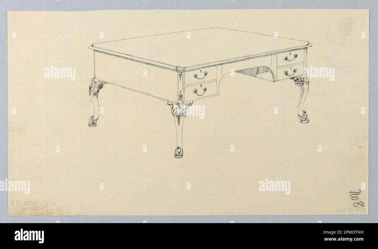 Disegno, disegno per scrittura rettangolare tavolo No. 8 a quattro cassetti; disegnato da A.N. Davenport Co.; penna e inchiostro nero, grafite su carta crema sottile; 14,6 x 25,7 cm (5 3/4 x 10 1/8 pollici) Foto Stock