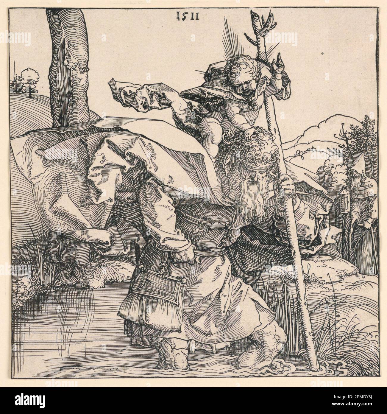 Print, Saint Christopher; Albrecht Dürer (tedesco, 1471–1528); Germania; supporto per taglio a legno: carta bianca; 21 x 21 cm (8 1/4 x 8 1/4 pollici) Tappetino: 45,7 x 35,6 cm (18 x 14 pollici) Foto Stock