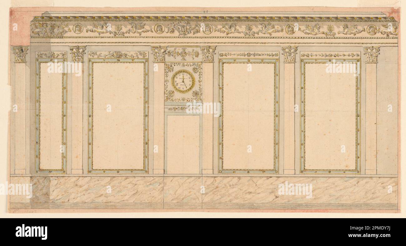 Disegno, disegno per un vestibolo da parete; disegnato da Charles Percier (francese, 1764-1838); Francia; penna e inchiostro, pennello e acquerello, pastello rosso, grafite su carta; 17 x 32,4 cm (6 11/16 x 12 3/4 pollici) Foto Stock