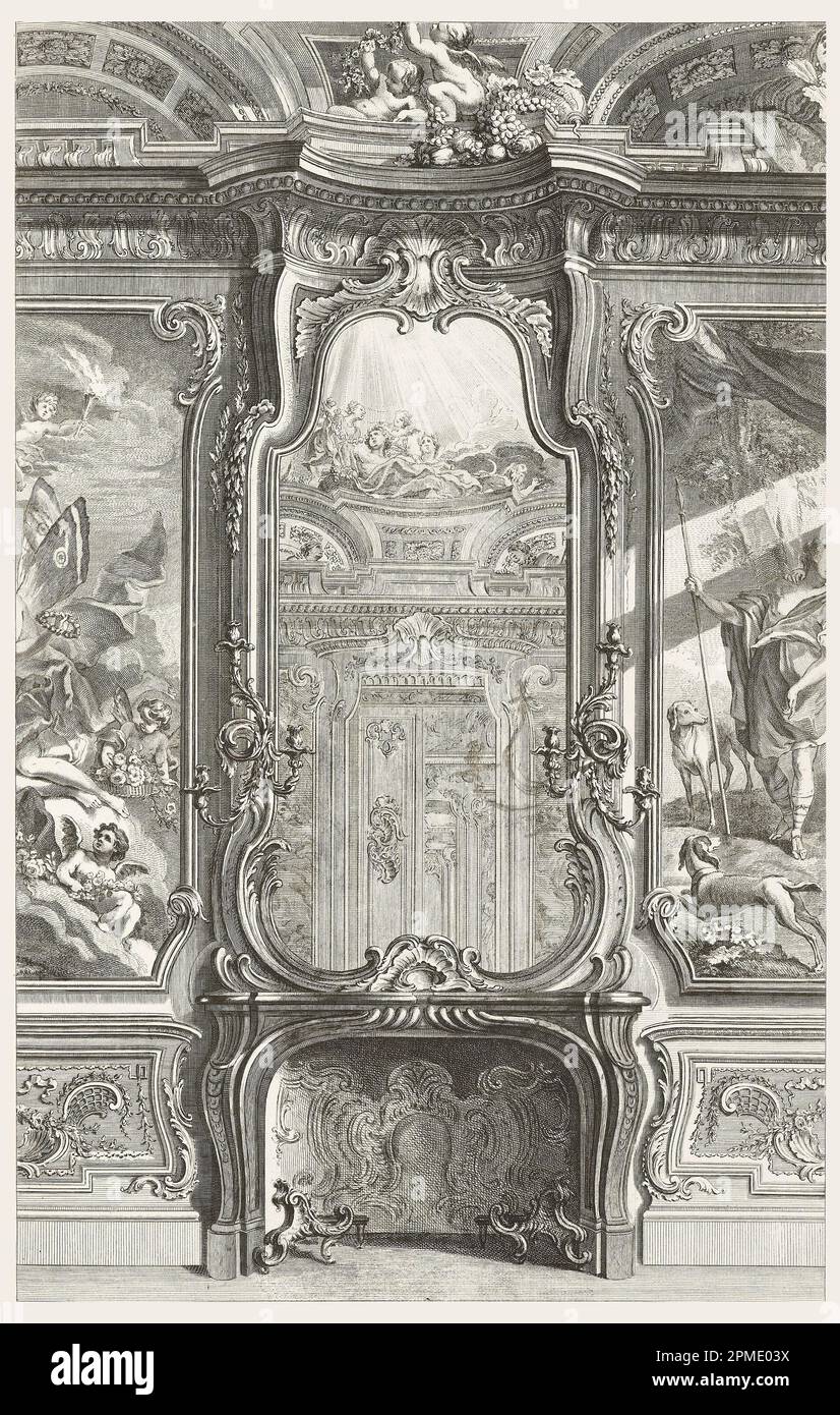 Print, Cabinet de MR. Le Comte Bielenski (sic), Grand Maréchal de la Couronne de Poologne executé en 1734; Chiminée avec glace, avec de chaque Côté une partie du Lambris d'appui et des peintures, 1st piatto, 87 piatto in l'Oeuvre de Juste Aurèle Meissonier, Parigi, 1748; Progettato da Juste-Aurèle Meissonnier (francese, b. Italia, 1695–1750); inciso da Pierre Chenu (francese, 1730–fine 18th secolo); pubblicato da Gabriel Huquier (francese, 1695–1772); Francia; incisione su carta bianca; Platemark: 54,5 x 34,7 cm (21 7/16 x 13 11/16 pollici) Totale: 3,7 x 60,5 x 44,8 cm (1 7/16 x 23 13/16 x 17 5/8 pollici) Foto Stock