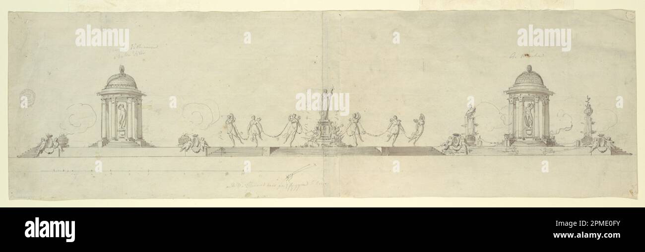 Disegno, design per un tavolo da disegno (centrotavola); Italia; penna e inchiostro su carta; 19,1 x 63,2 cm (7 1/2 x 24 7/8 pollici) Tappetino: 55,9 x 71,1 cm (22 x 28 pollici) Foto Stock