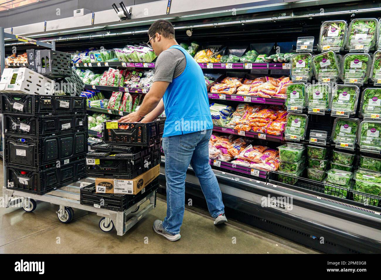 Miami Florida Doral, Walmart Supercenter sconto grande scatola reparto, produrre insalate verdi carote lattuga, associate stock clerk, negozi business Foto Stock