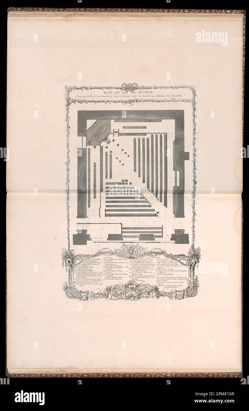 Bound Print, Plan du Lit de Justice (piano del letto di giustizia); progettato da Francois Nicolas Martinet (francese, 1739 - dopo il 1796); pubblicato da Menus-Plaisirs du Roi; Francia; incisione e incisione su carta Foto Stock
