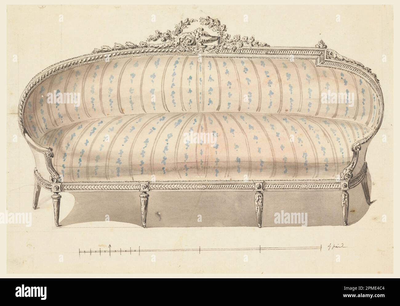 Disegno, design per divano, con suggerimenti alternativi; progettato da Richard de Lalonde (francese, attivo 1780–96); Francia; inchiostro nero e penna, pennello e lavaggio, acquerello rosa e blu, grafite su carta bianca pesante; 21,3 x 30,7 cm (8 3/8 x 12 1/16 pollici) Foto Stock