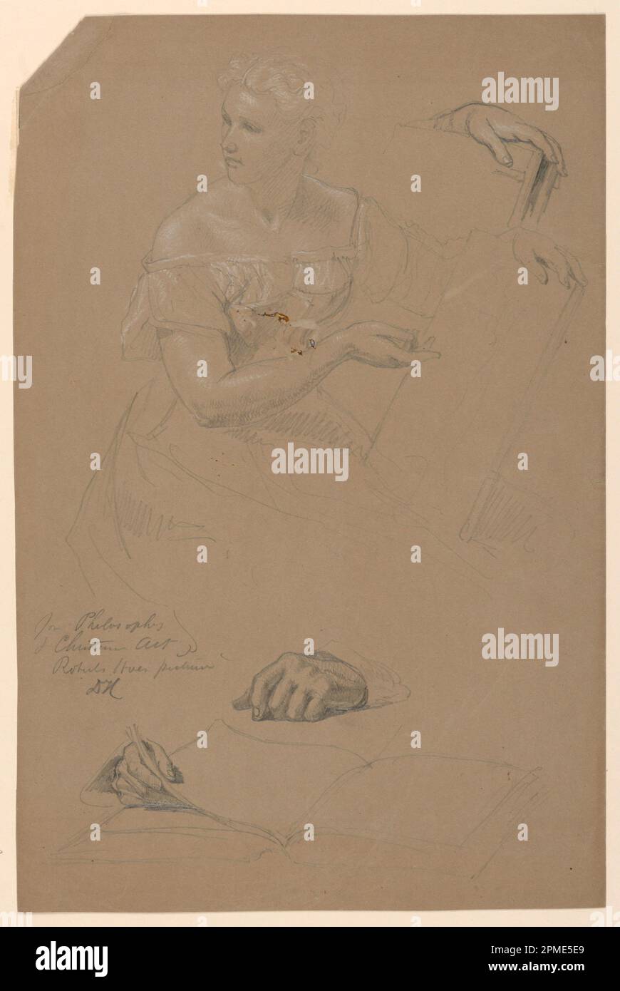 Disegno, Studio di Donna per 'Filosofia e Arte cristiana'; Daniel Huntington (americano, 1816–1906); USA; grafite, Gesso bianco su carta di wove marrone; 35,5 x 23,4 cm (14 x 9 3/16 pollici); Bequest of Erskine Hewitt; 1942-50-200 Foto Stock