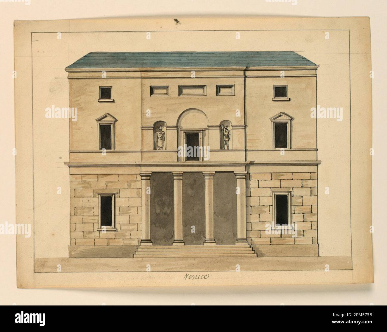 Disegno, elevazione di un Teatro, Venezia; disegnato da Cesare Recanatini (italiano, 1823-1893); Italia; penna e inchiostro con lavaggi grigi, seppia e blu su carta color crema Foto Stock