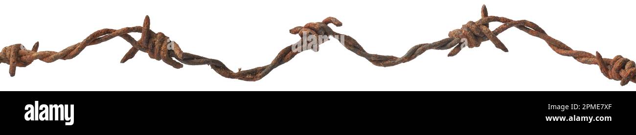 macro vista ravvicinata del vecchio filo spinato arrugginito, della recinzione del filo di sicurezza sporca, grunge e intatta di trefoli ritorti con punte affilate o isolate Foto Stock