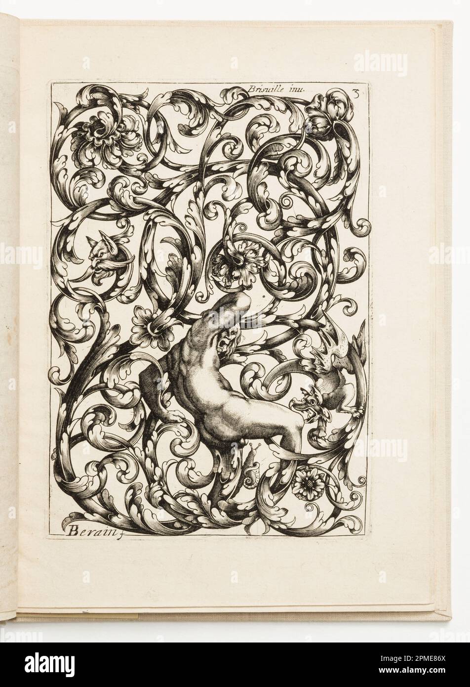 Stampa, disegno ornamentale; progettato da Hugues Brisville (francese, attivo ca. 1663); Print Maker: Jean Bérain il Vecchio (francese, 1640-1711); pubblicato da Nicolas Langlois, Pierre-Jean Mariette (1694-1774); Francia; incisione su carta deposta Foto Stock