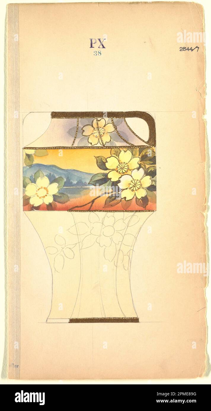 Disegno, disegno per un vaso; Made for Noritake; Giappone; pennello e acquerello, gouache d'oro, grafite su carta crema; 29,4 x 15,6 cm (11 9/16 x 6 1/8 pollici) Tappetino: 35,7 x 45,5 cm (14 1/16 x 17 15/16 pollici); 1985-14-53 Foto Stock