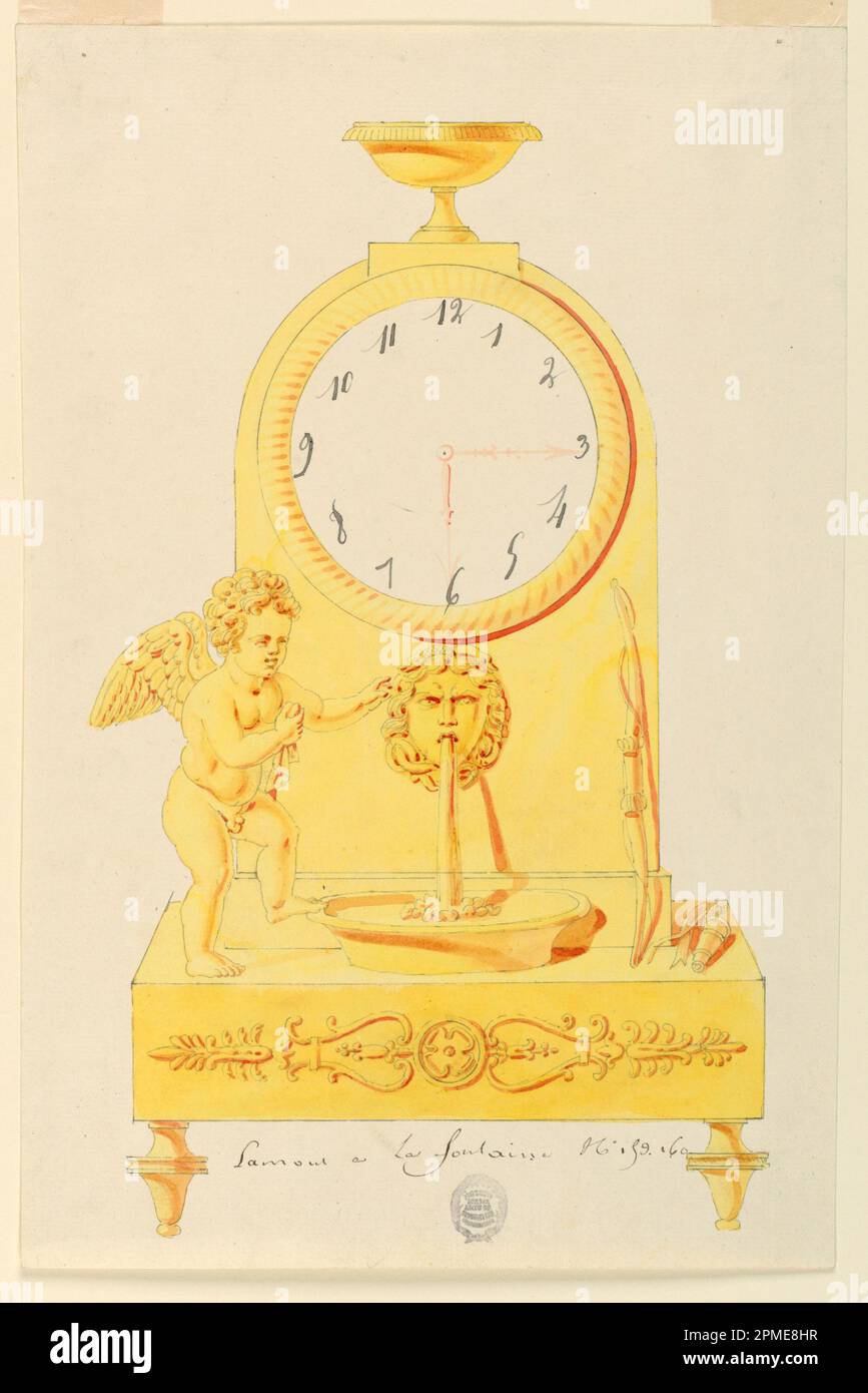 Disegno, design per orologio; prodotto da Lefebvre Manufactory, Tournai; Belgio; pennello e acquerello giallo e rosso, lavaggio nero, grafite, su carta crema; 33,3 x 21,9 cm (13 1/8 x 8 5/8 in.) Foto Stock