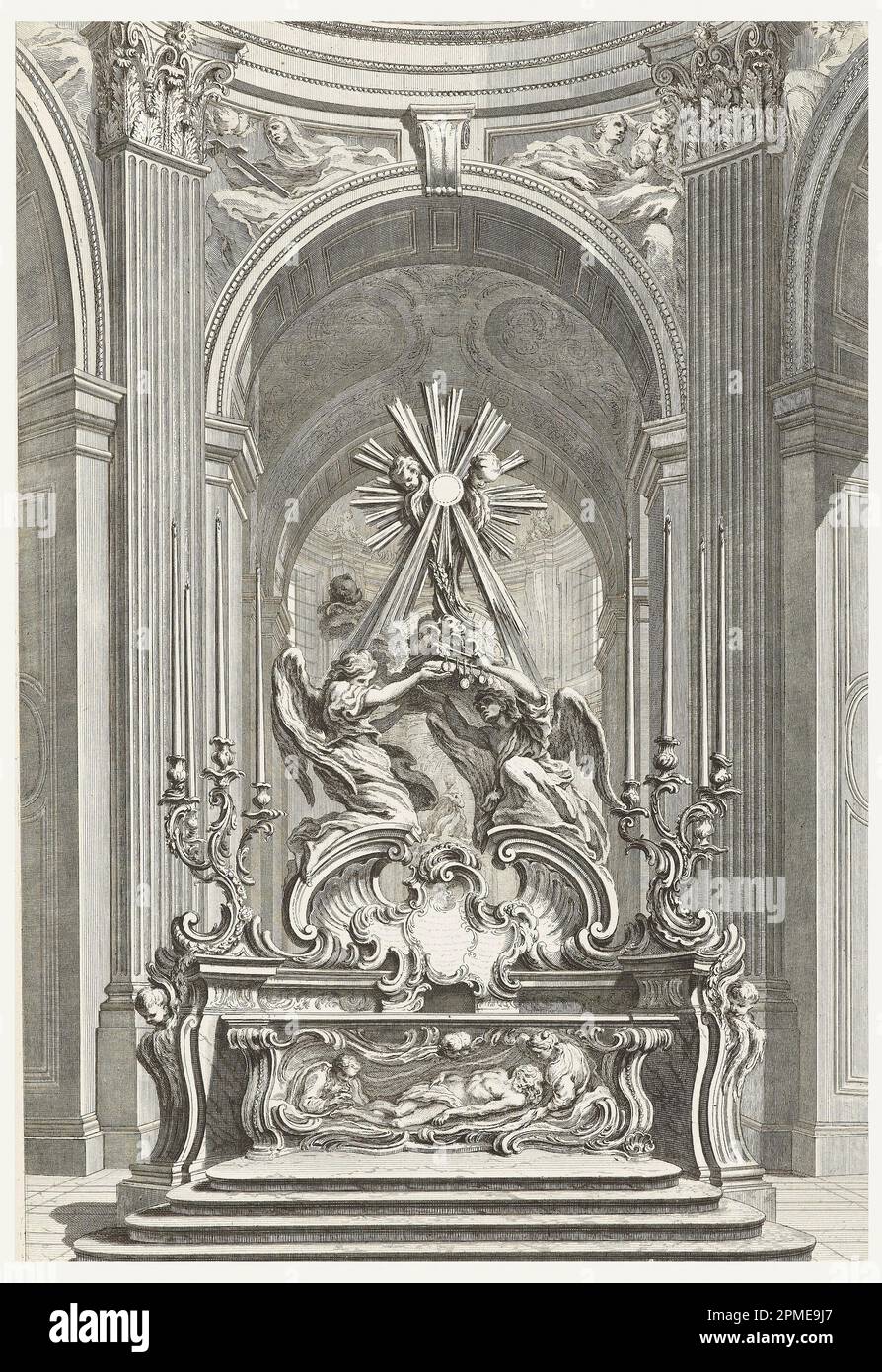 Stampa, Projet pour le Maitre Autel de l'Eglise de St. Sulpice de Paris (disegno per l'altare maggiore della Chiesa di San Sulpice di Parigi), targa 109, in oeuvres de Juste-Aurèle Meissonnier (opere di Juste-Aurèle Meissonnier); disegnata da Juste-Aurèle Meissonnier (francese, b. Italia, 1695–1750); incisa da Gabriel Huquier (francese, 1695–1772); Francia; incisione su carta bianca; 54,4 x 36,7 cm (21 7/16 x 14 7/16 cm). Foto Stock