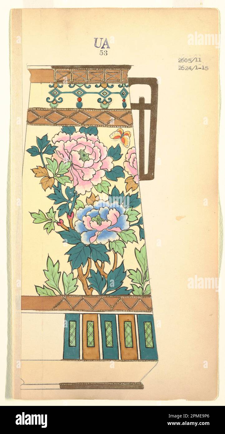 Disegno, disegno per una caraffa; Made for Noritake; Giappone; pennello e acquerello, gouache d'oro, grafite su carta crema; 29,3 x 15,5 cm (11 9/16 x 6 1/8 pollici) Tappetino: 35,7 x 45,8 cm (14 1/16 x 18 1/16 pollici); 1985-14-55 Foto Stock