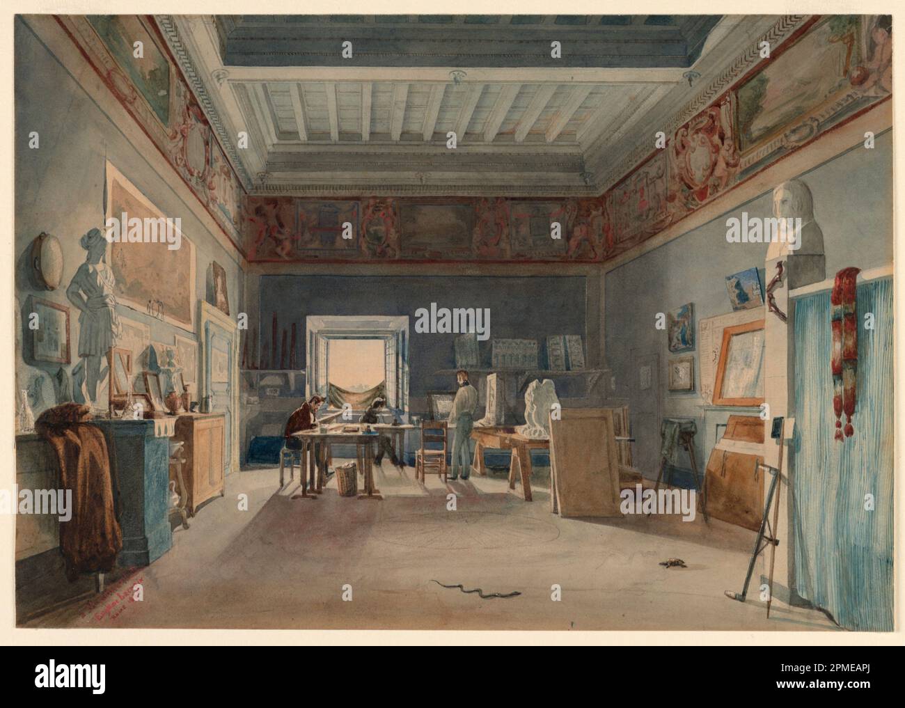 Disegno, Uno studio di Villa Medici, Roma; attribuito a Joseph-Eugène Lacroix (francese, 1814 - 1873); pennello e acquerello con raschiatura per evidenziature su carta in vove bianca; cornice a x L x P: 39,7 x 50,2 x 2,5 cm (15 5/8 x 19 3/4 x 1 in.) Foglio: 22,8 x 32,9 cm (9 x 12 15/16 poll.); Collezione di scongelamento; 2007-27-15 Foto Stock Disegno, Uno studio di Villa Medici, Roma; attribuito a Joseph-Eugène Lacroix (francese, 1814 - 1873); pennello e acquerello con raschiatura per evidenziature su carta in vove bianca; cornice a x L x P: 39,7 x 50,2 x 2,5 cm (15 5/8 x 19 3/4 x 1 in.) Foglio: 22,8 x 32,9 cm (9 x 12 15/16 poll.); Collezione di scongelamento; 2007-27-15 Foto Stock