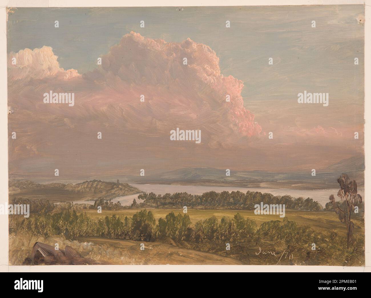 Disegno, nuvole alte attraverso l'Hudson; Frederic Edwin Church (americano, 1826–1900); USA; vernice a pennello e ad olio, grafite su cartone; 28,2 x 38,7 cm (11 1/8 x 15 1/4 in.) Foto Stock