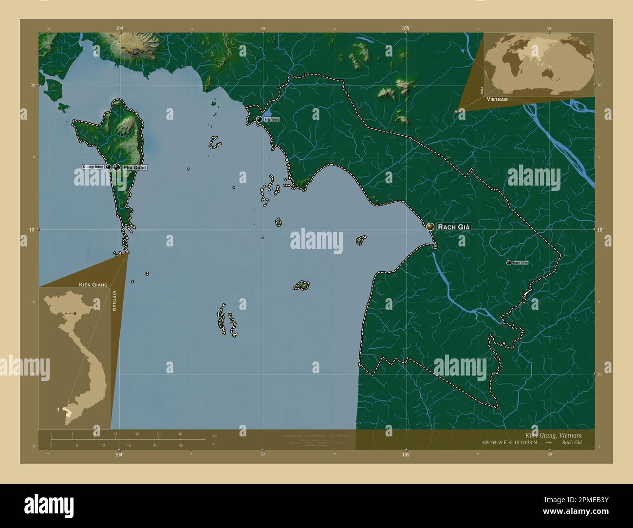 Kien Giang, provincia del Vietnam. Mappa di altitudine colorata con laghi e fiumi. Località e nomi delle principali città della regione. Posizione ausiliaria d'angolo Foto Stock