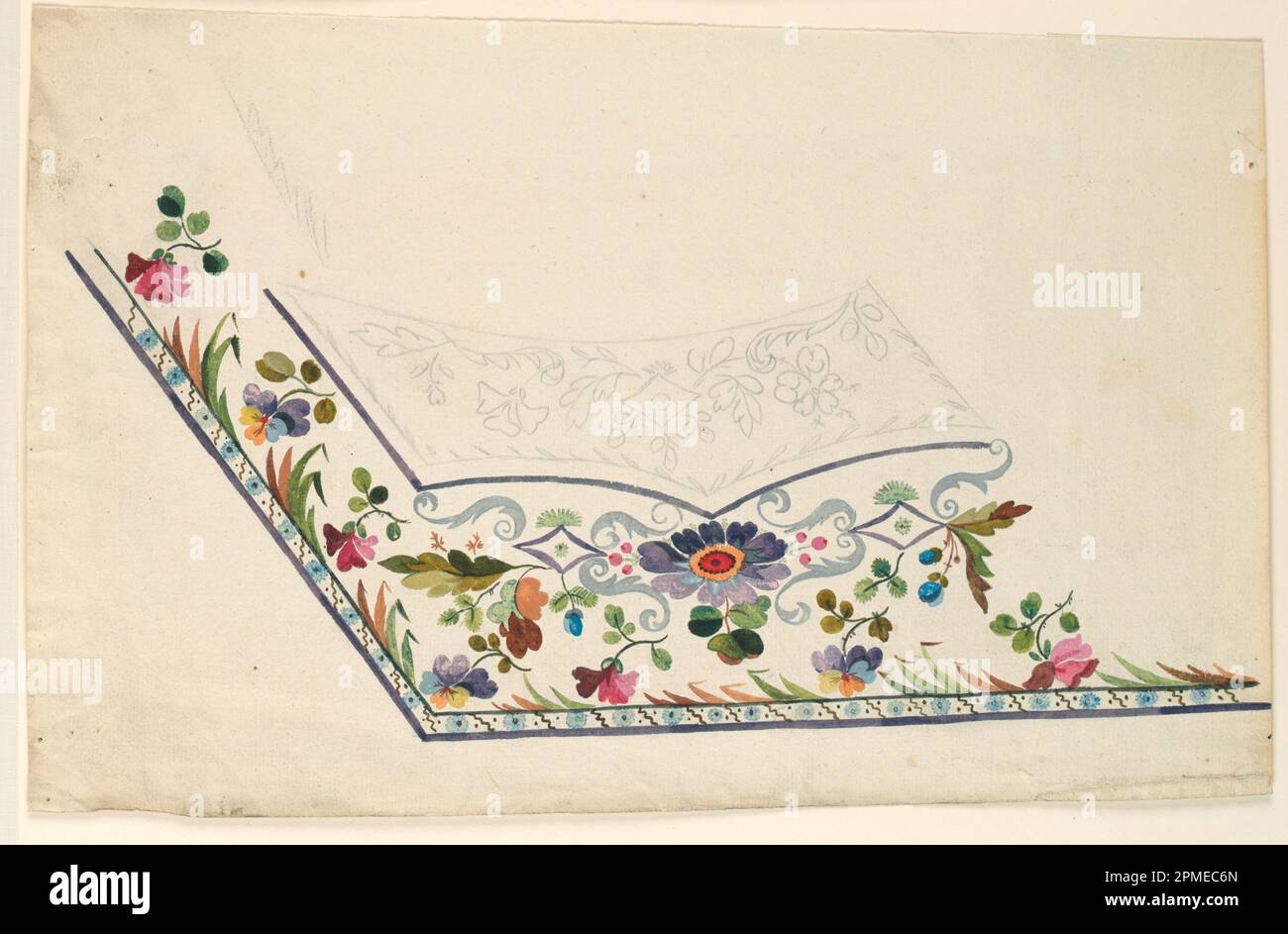 Disegno, disegno per il ricamo del gilet di un uomo; Francia; grafite, pennello e acquerello su carta; 21,8 x 35,7 cm (8 9/16 x 14 1/16 pollici) Foto Stock