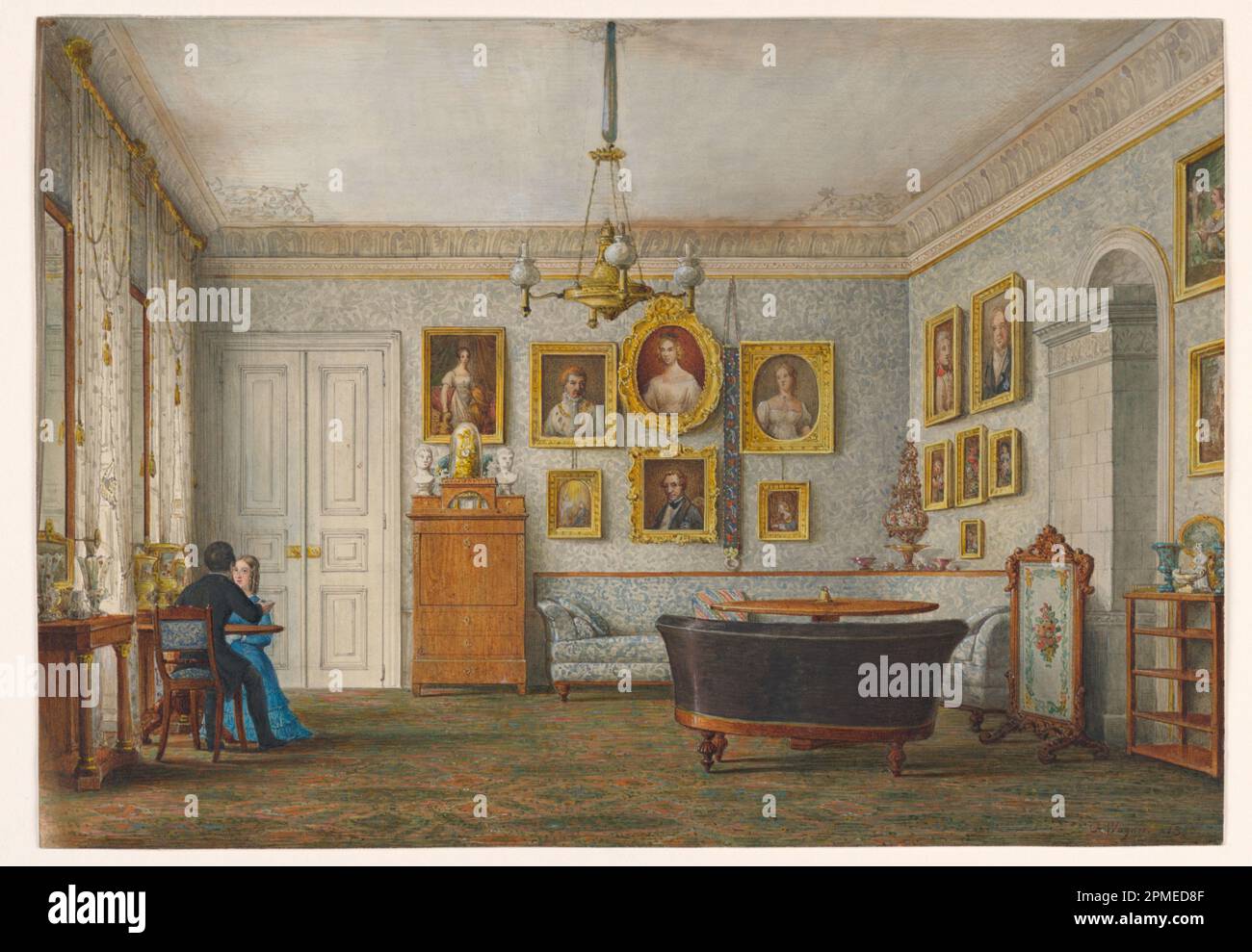 Disegno, Un Salon in una residenza del Duca di Leuchtenberg; otto Wagner (tedesco, 1803 – 1861); pennello e acquerello, gouache su carta; Telaio a x L x P: 39,7 x 50,2 x 2,5 cm (15 5/8 x 19 3/4 x 1 pollici) Foglio: 23,1 x 32,9 cm (9 1/8 x 12 15/16 poll.); Collezione di scongelamento; 2007-27-49 Foto Stock