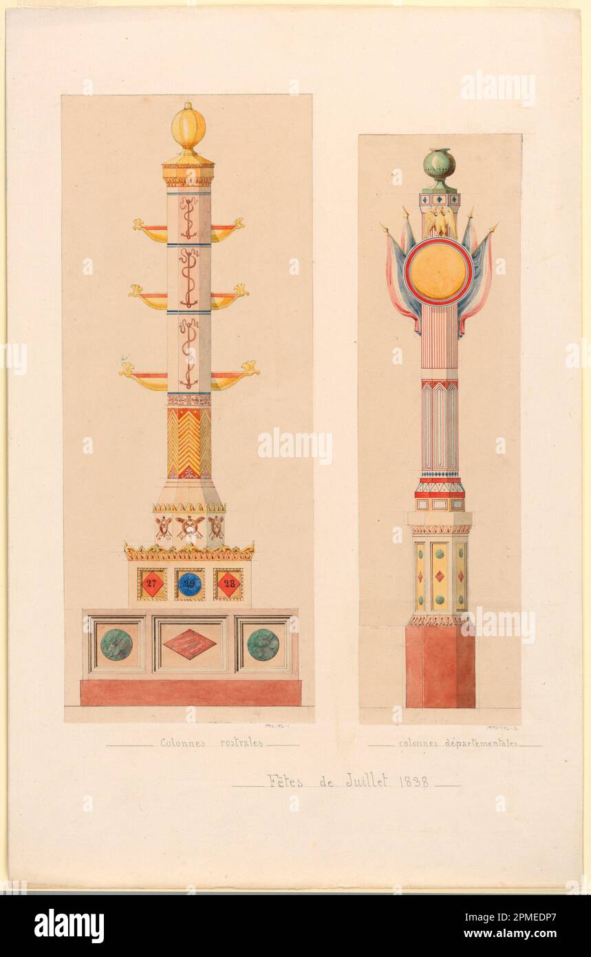 Disegno, « Colonnes d partmentales,fetes Juillet 1838 »; Félix-Jacques Duban (francese, 1798-1870); Francia; acquerello, Penna e supporto per inchiostro blu, marrone e arancione: Carta biancastra montata su carta biancastra; montaggio 44,1 x 28,8 cm tappetino: 35,6 x 45,7 cm (14 x 18 pollici) Foto Stock