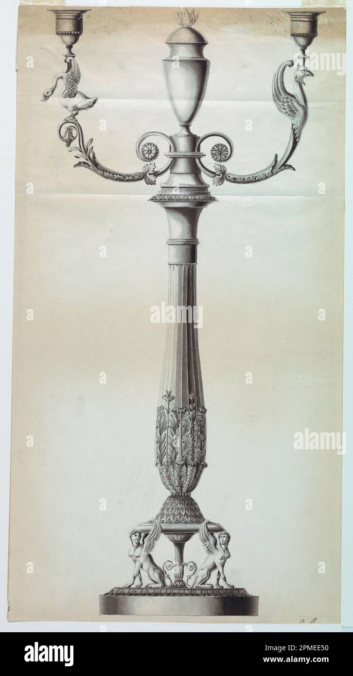 Disegno, disegno per un Candelstick; disegnato da Joseph Anton Seethaler II (tedesco, 1799–1868); Germania; penna e inchiostro, pennello e lavaggi, grafite su carta; 61,7 x 33,3 cm (24 5/16 x 13 1/8 pollici) Foto Stock