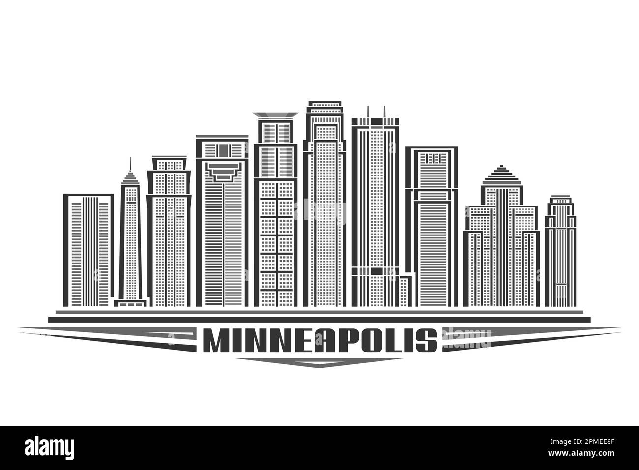 Illustrazione vettoriale di Minneapolis, segno orizzontale con disegno lineare minneapolis City scape, linea urbana americana art concept con lettere decorative Illustrazione Vettoriale