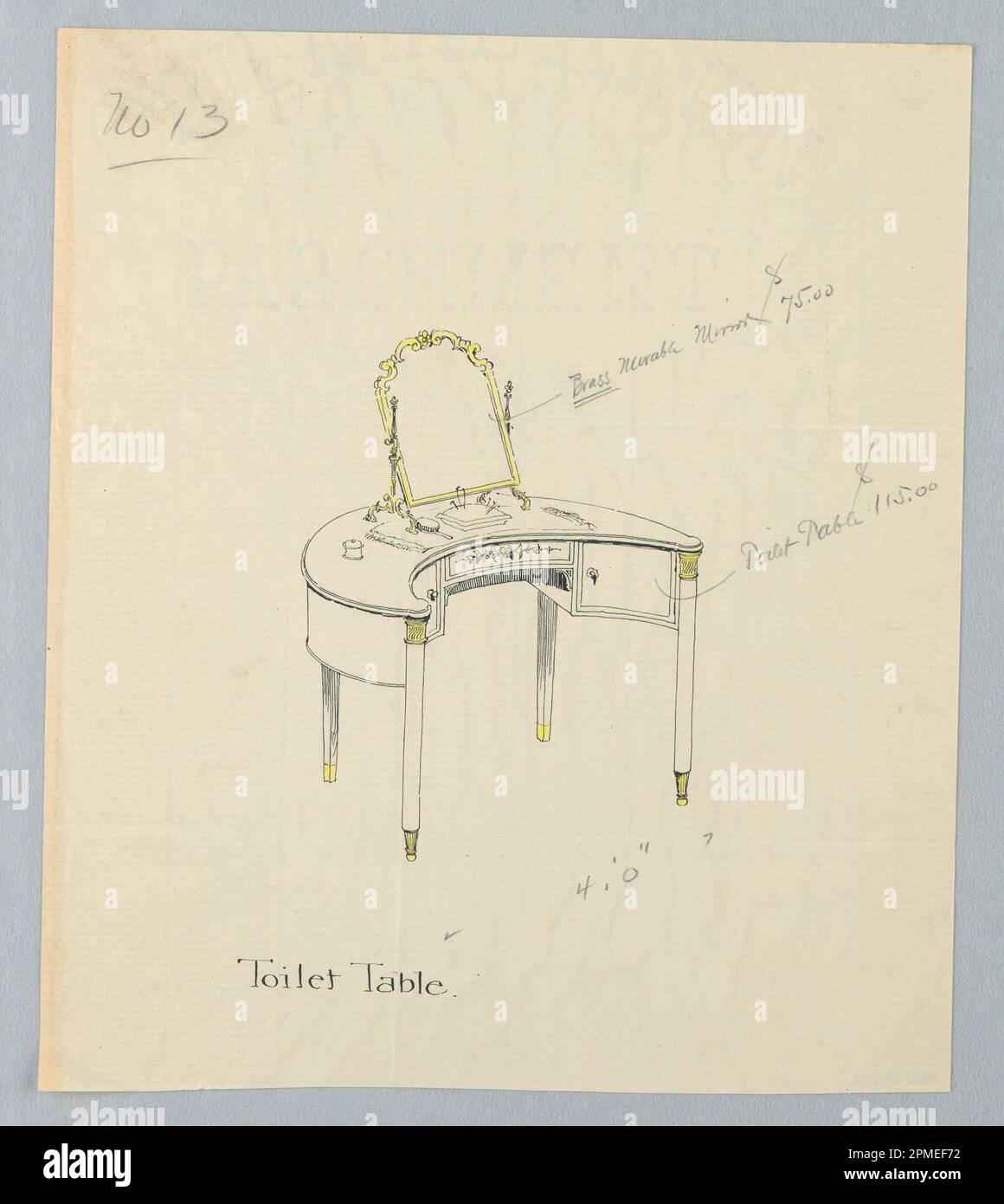 Disegno, disegno per tavola di toletta n° 13; disegnato da A.N. Davenport Co.; penna e inchiostro nero, grafite e matita gialla su carta crema sottile; 22,9 x 19,7 cm (9 x 7 3/4 pollici) Foto Stock