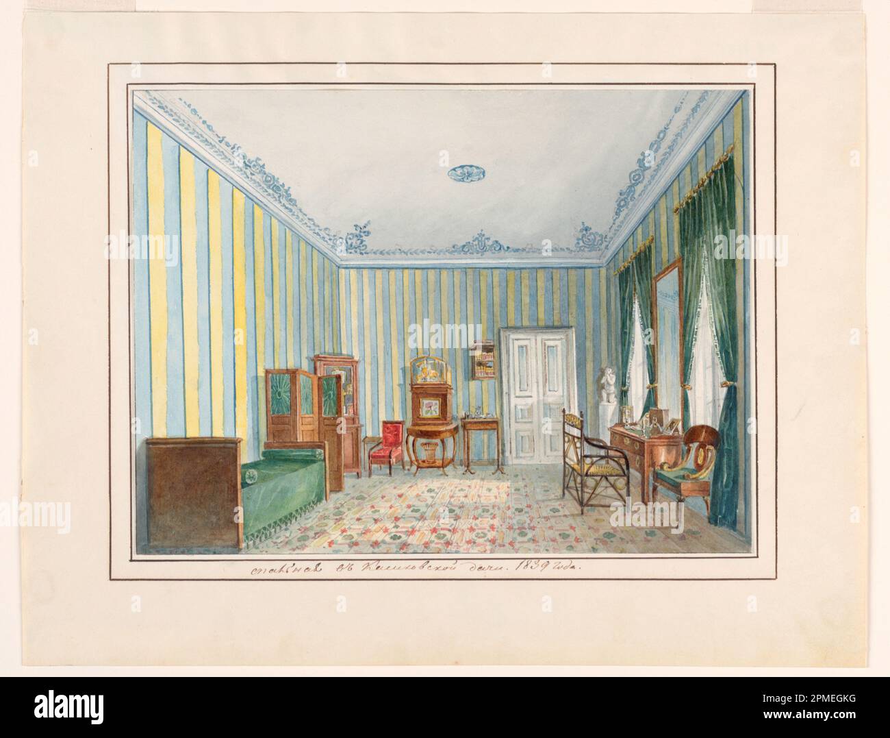 Disegno, Camera da letto in un paese Dacha; Sconosciuto; pennello e acquerello, penna e inchiostro blu, grafite su carta bianca a trama; telaio a x L x P: 39,7 x 50,2 x 2,5 cm (15 5/8 x 19 3/4 x 1 in.) Foglio: 18,3 x 24,3 cm (7 3/16 x 9 9/16 poll.); Collezione di scongelamento; 2007-27-25 Foto Stock Disegno, Camera da letto in un paese Dacha; Sconosciuto; pennello e acquerello, penna e inchiostro blu, grafite su carta bianca a trama; telaio a x L x P: 39,7 x 50,2 x 2,5 cm (15 5/8 x 19 3/4 x 1 in.) Foglio: 18,3 x 24,3 cm (7 3/16 x 9 9/16 poll.); Collezione di scongelamento; 2007-27-25 Foto Stock