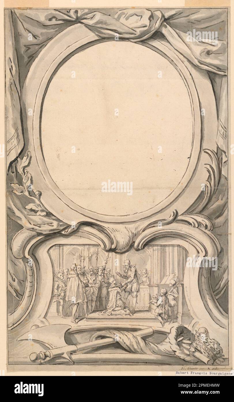 Disegno, disegno per cornice che circonda il Ritratto di Edward Seymour, Duca di Somerset; Hubert-Francois Gravelot (francese, attivo Inghilterra, 1699 - 1773); Francia; penna e inchiostro nero, pennello e lavaggio nero, gesso rosso su carta; 36,8 x 22,9 cm (14 1/2 x 9 pollici) Foto Stock