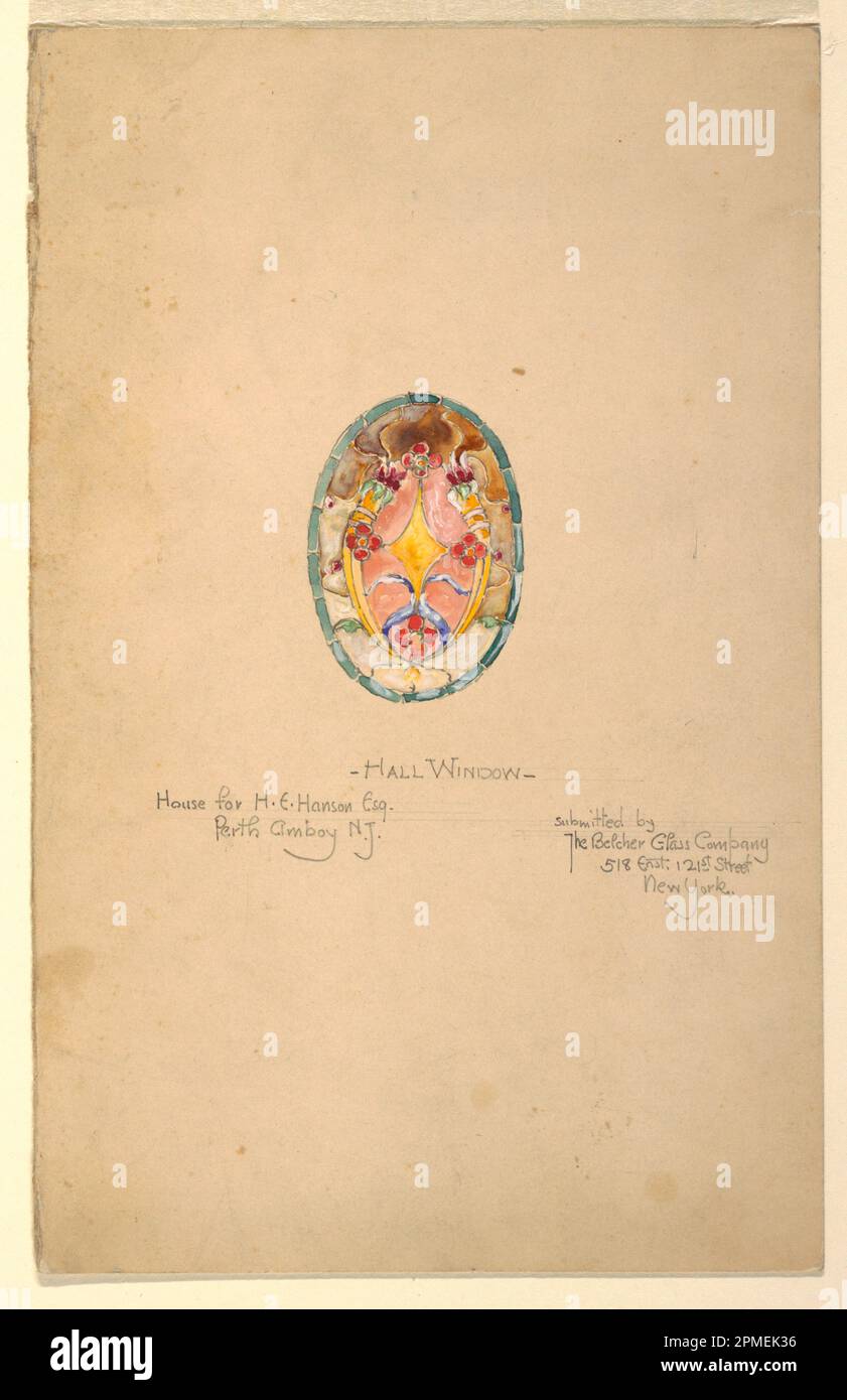 Disegno, vetro colorato: hall window; disegnato da John C. Wolf; USA; pennello e acquerello, gouache bianco, grafite su tavola per illustrazioni; tappetino: 45,7 x 35,7 cm (18") x 14 1/16 poll.) 28 x 17,8 cm (11 x 7 pollici) Foto Stock