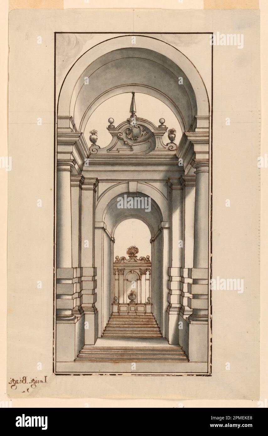 Disegno, Entryway con gradini; Luigi Biagi (? – 1711); Italia; penna e inchiostro marrone, lavaggio grigio, su grafite, bordo rigato in penna e marrone su carta bianca steso su carta bianca sottile Foto Stock