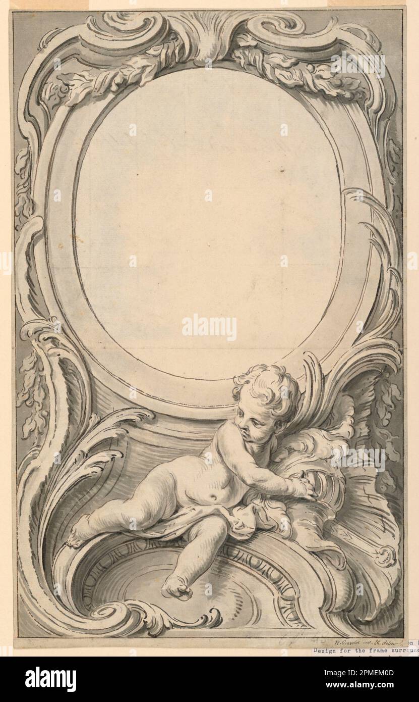 Disegno, disegno per cornice intorno al Ritratto di Francis Russell, secondo conte di Bedford; Hubert-Francesco Gravelot (francese, attivo Inghilterra, 1699 - 1773); Francia; penna e inchiostro nero, pennello e lavaggio nero, gesso rosso su carta; 36,8 x 22,8 cm (14 1/2 x 9 pollici) Foto Stock