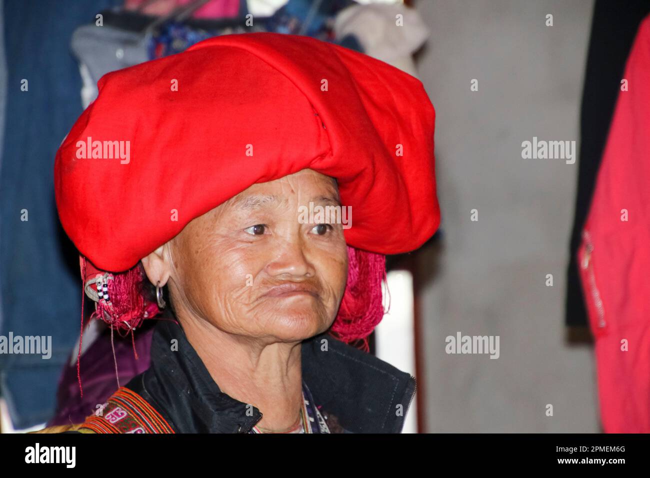 Sapa, Vietnam, signora della comunità Red Dao il popolo Yao (il suo ramo di maggioranza è anche noto come Mien); è una classificazione governativa per vari Foto Stock