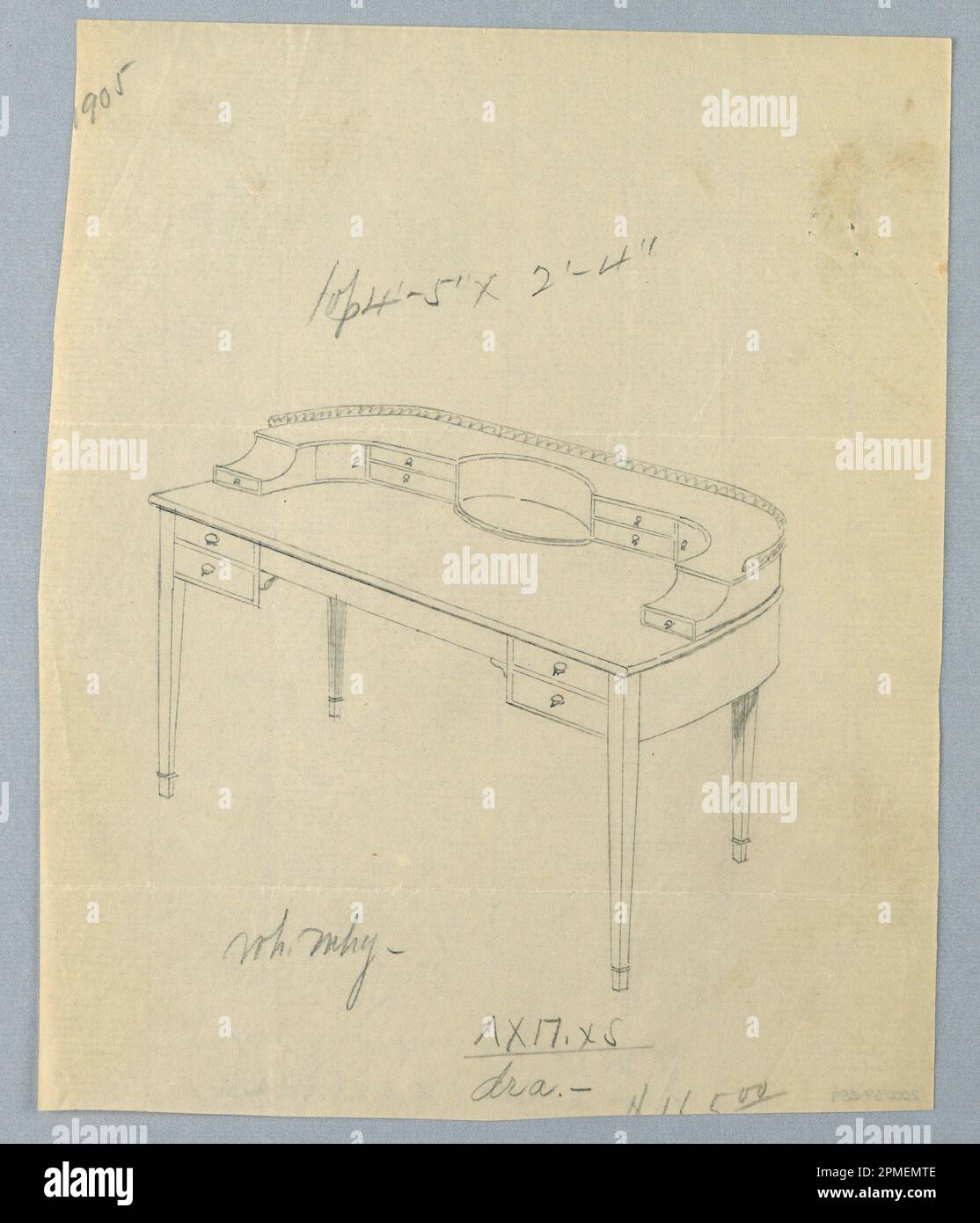 Disegno, disegno per tavola di scrittura semicircolare lunga con ringhiera in cima; disegnato da A.N. Davenport Co.; grafite su carta crema sottile; 23,2 x 18,7 cm (9 1/8 x 7 3/8 pollici) Foto Stock