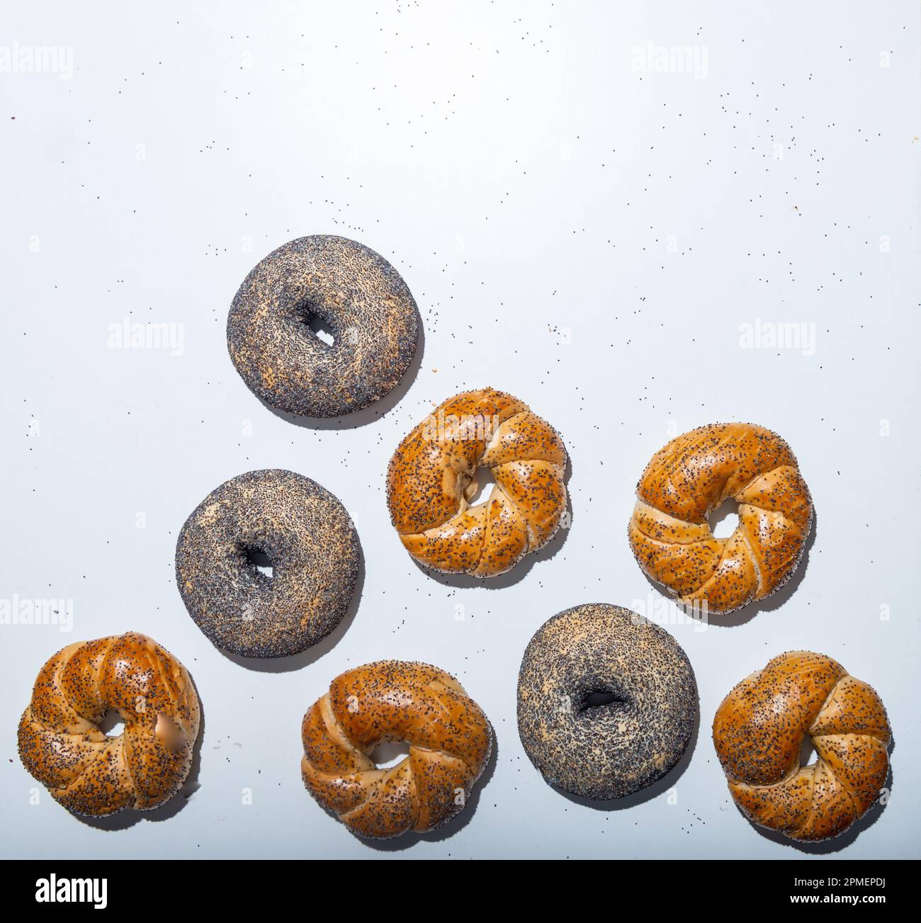 Vista dall'alto di quattro piccoli bagel appena sfornati con semi di chia e papavero Foto Stock