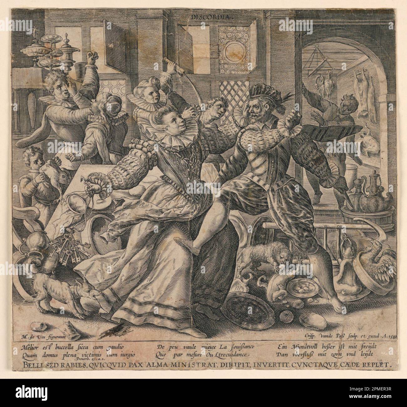 Stampa, discordia: La buona e la cattiva casa; disegnata da Crispijn de passa il Vecchio (olandese, ca. 1565 - 1637); dopo Marten de Vos (Fiammingo, 1532-1603); Paesi Bassi; incisione con inchiostro nero su carta Foto Stock