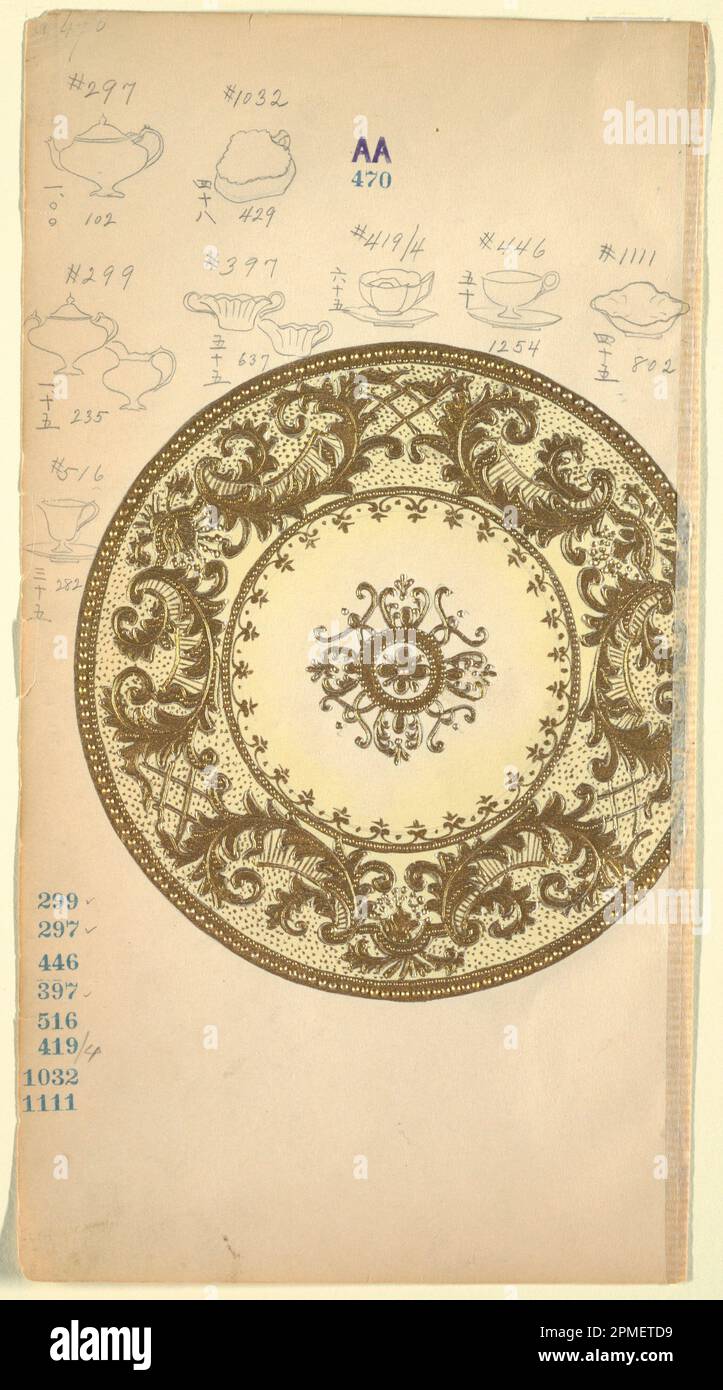 Disegno, design per piastra; realizzato per Noritake; Giappone; gouache a pennello e oro, grafite su carta crema; 28,7 x 15,5 cm (11 5/16 x 6 1/8 in.) Tappetino: 35,7 x 45,8 cm (14 1/16 x 18 1/16 pollici); 1985-14-39 Foto Stock