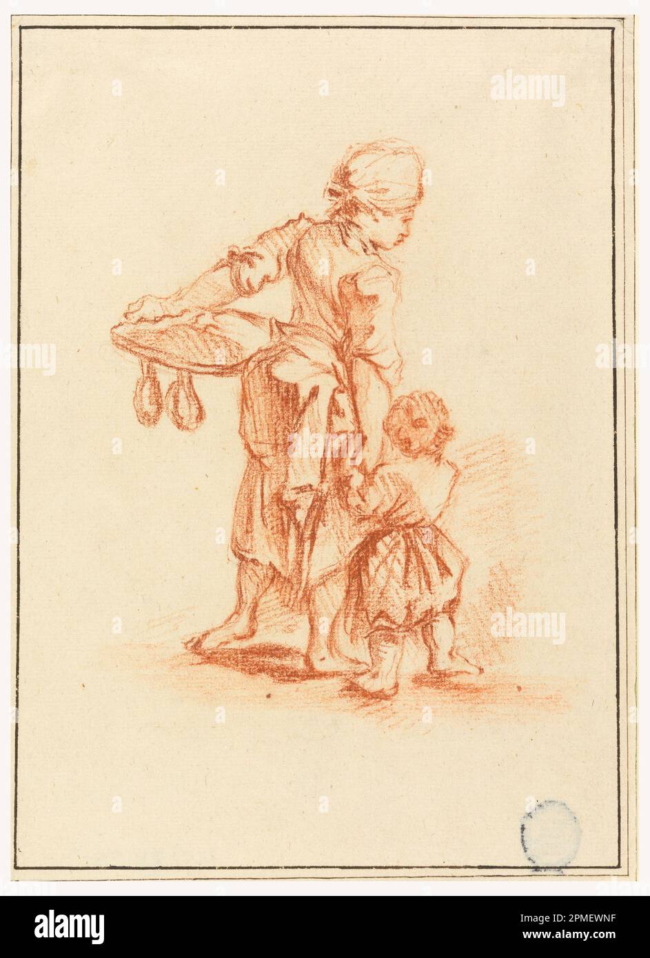 Disegno, Una donna che guida un bambino; Jean Baptiste le Prince (francese, 1734 – 1781); Francia; gesso rosso su carta crema; foglio: 22,5 x 16,3 cm (8 7/8 x 6 7/16 poll.) Foto Stock