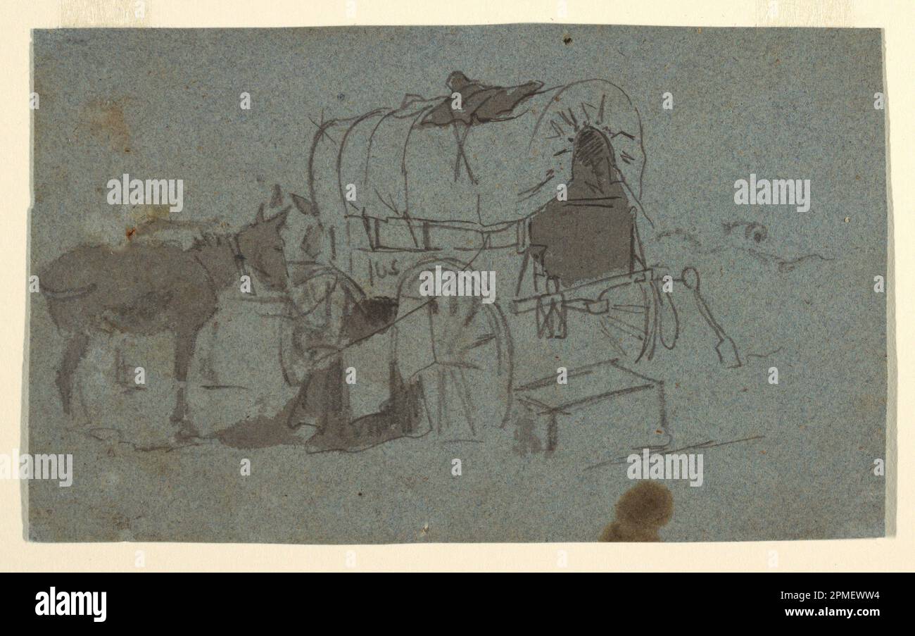 Disegno, Army Wagon e Mule; Winslow Homer (americano, 1836–1910); USA; grafite, spazzola e lavaggio grigio su carta blu-verde; 13,1 x 21,7 cm (5 3/16 x 8 9/16 pollici) Foto Stock