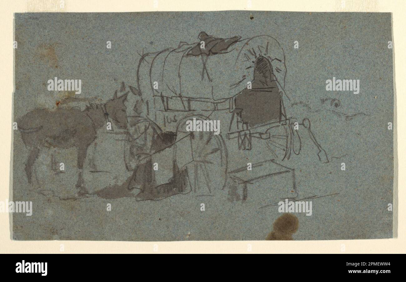 Disegno, Army Wagon e Mule; Winslow Homer (americano, 1836–1910); USA; grafite, spazzola e lavaggio grigio su carta blu-verde; 13,1 x 21,7 cm (5 3/16 x 8 9/16 pollici) Foto Stock Disegno, Army Wagon e Mule; Winslow Homer (americano, 1836–1910); USA; grafite, spazzola e lavaggio grigio su carta blu-verde; 13,1 x 21,7 cm (5 3/16 x 8 9/16 pollici) Foto Stock