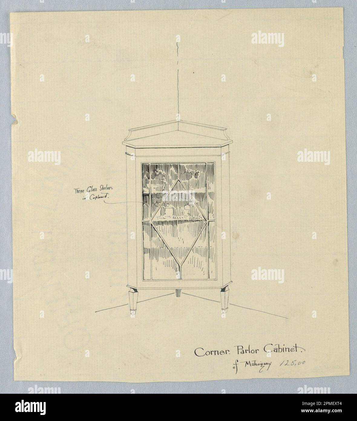 Disegno, disegno per la sala d'angolo del gabinetto di Mahogany; progettato da A.N. Davenport Co.; penna e inchiostro nero su carta crema sottile; 23,2 x 21,0 cm (9 1/8 x 8 1/4 pollici) Foto Stock