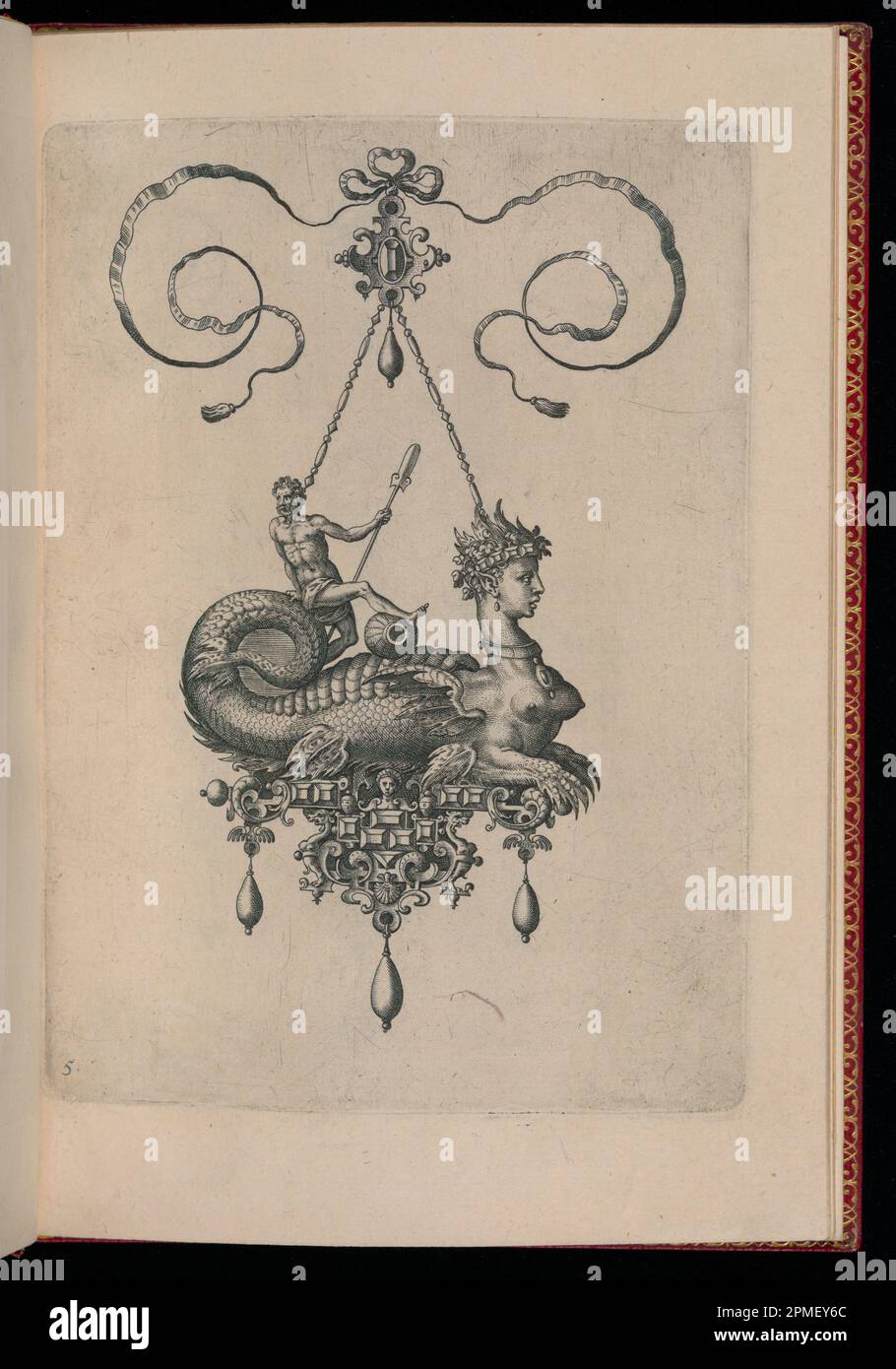 Stampa, lastra 5, da Bullarum Inaurium ecc. Archetypi Artificiosi Pars Altera (pendenti, Orecchini, ecc.. Disegni della natura più abile, parte seconda); disegnati da Hans Collaert il Vecchio (fiammingo, ca. 1530 - 1581); inciso da Adriaen Collaert (fiammingo, ca. 1560 – 1618); pubblicato da Philips Galle (Fiammingo, 1537 – 1612); Olanda; incisione su carta, stesa e dorata Foto Stock