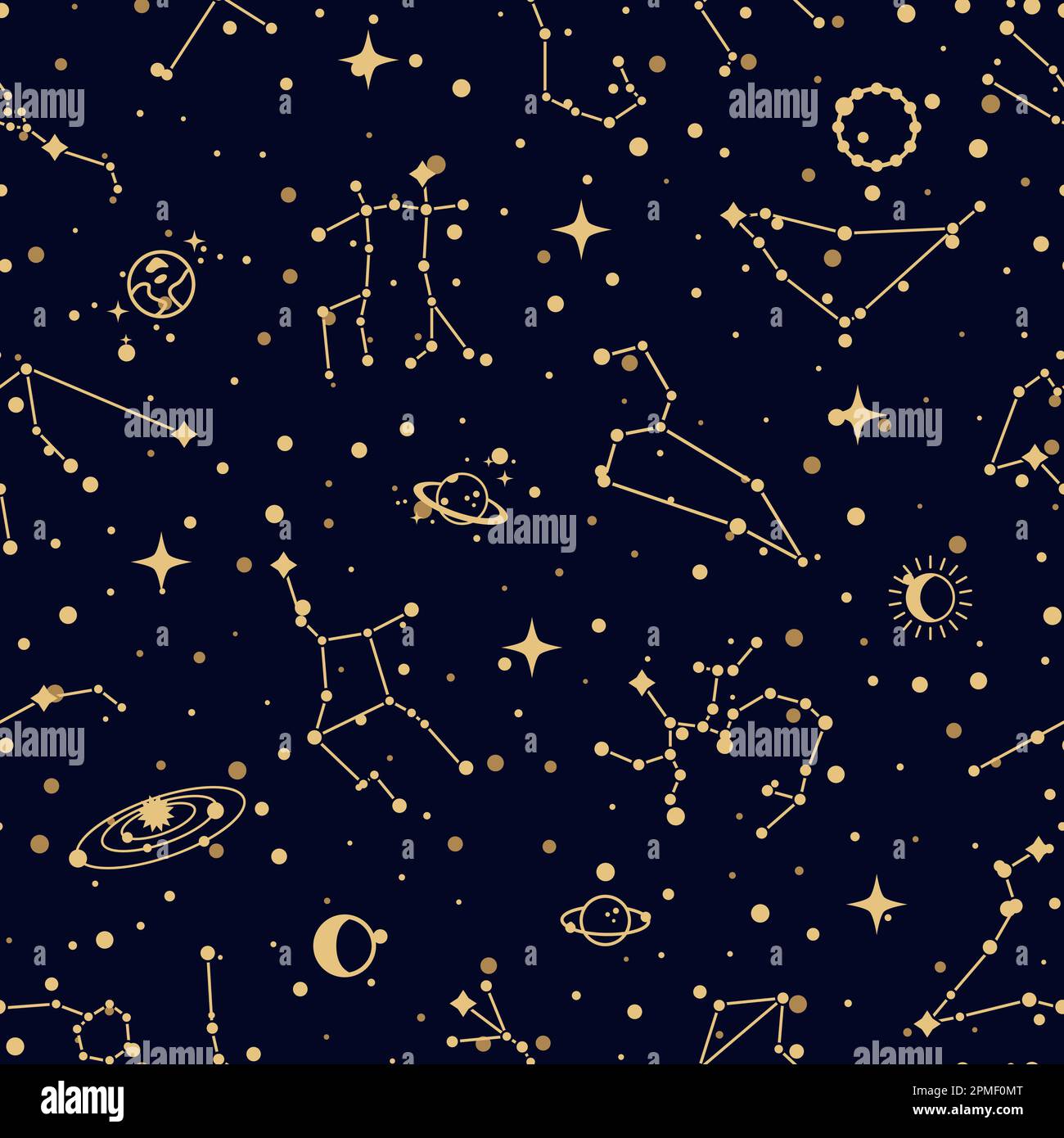 Modello di costellazione, sfondo vettoriale senza cuciture con cluster di stelle zodiacali, pianeti e satelliti in cielo nero. Gruppi di stelle in sezione di Celeste Illustrazione Vettoriale
