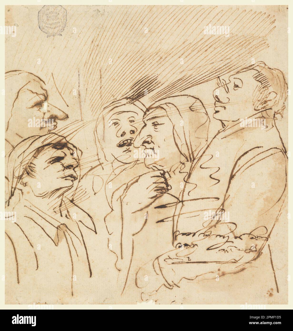 Disegno, cinque figure grottesche; attribuito a Pier Francesco mola (italiano, 1612–1666); Italia; penna e inchiostro nero su carta crema; 17,7 x 16,8 cm (6 15/16 x 6 5/8 pollici) Foto Stock