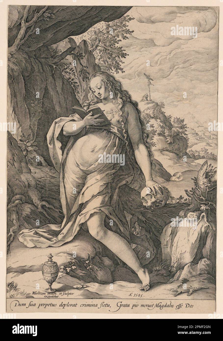 Stampa, St. Mary Magdalene Penitent, 1585; Print Maker: Hendrik Goltzius (Olanda, 1558 – 1617); Paesi Bassi; incisione su carta posata; 29,1 x 19,9 cm (11 7/16 x 7 13/16 pollici); Bequest of George Campbell Cooper; 1896-3-107 Foto Stock