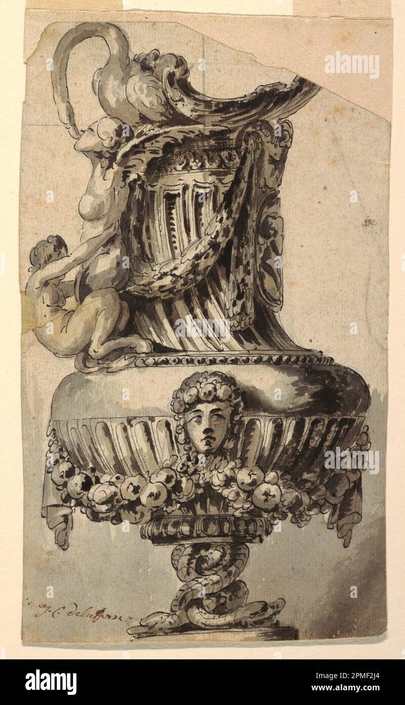 Disegno, design per un'oratrice; progettato da Jean-Charles Delafosse (francese, 1734–1791); Francia; inchiostro nero e penna, pennello e lavaggio, gesso nero su carta bianca; 24,2 x 14 cm (9 1/2 x 5 1/2 pollici) Foto Stock