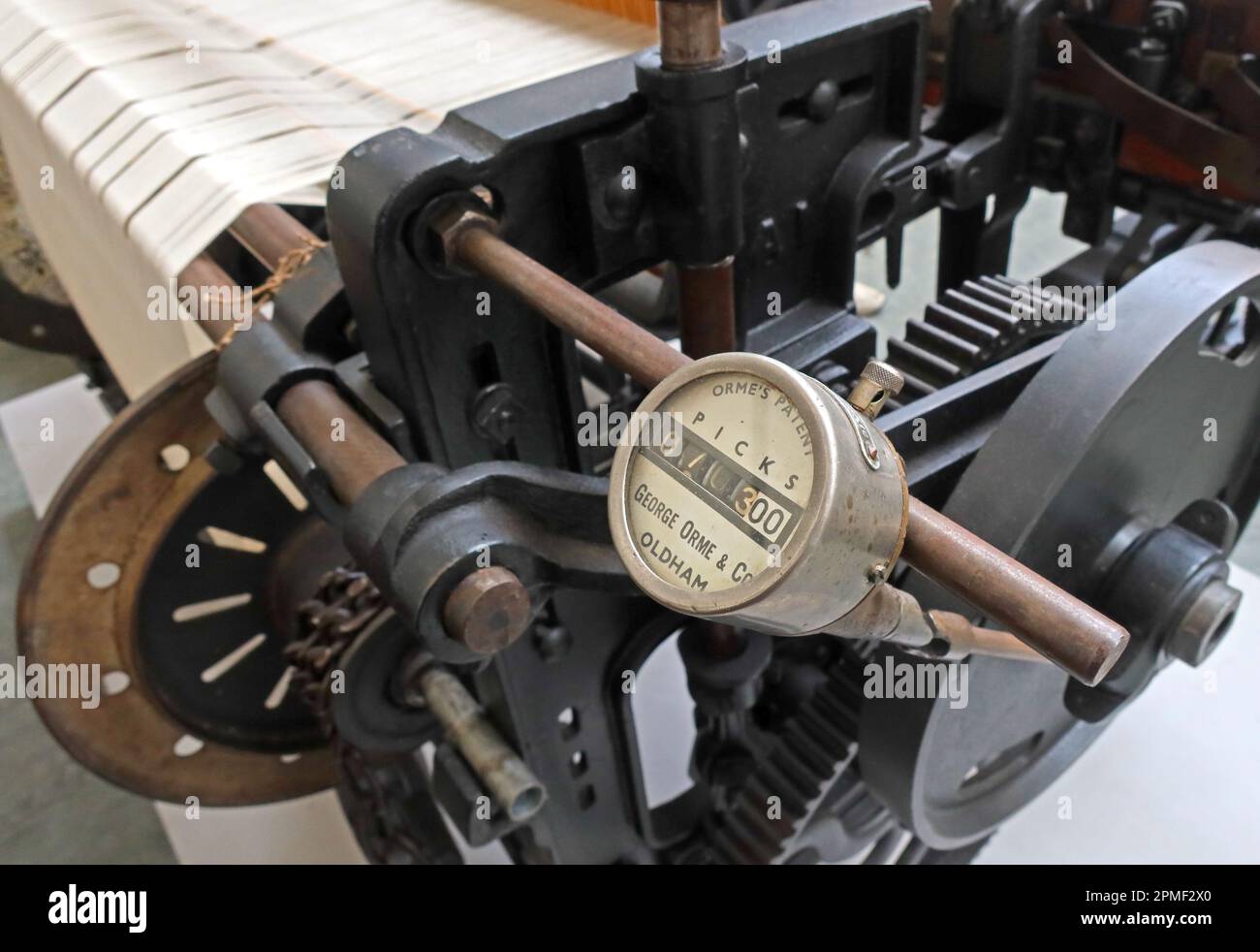 George Orme di Oldham, Ormes Patent PECKS counter, macchine per tessitura cotone, Burnley, Lancashire, Inghilterra, REGNO UNITO Foto Stock