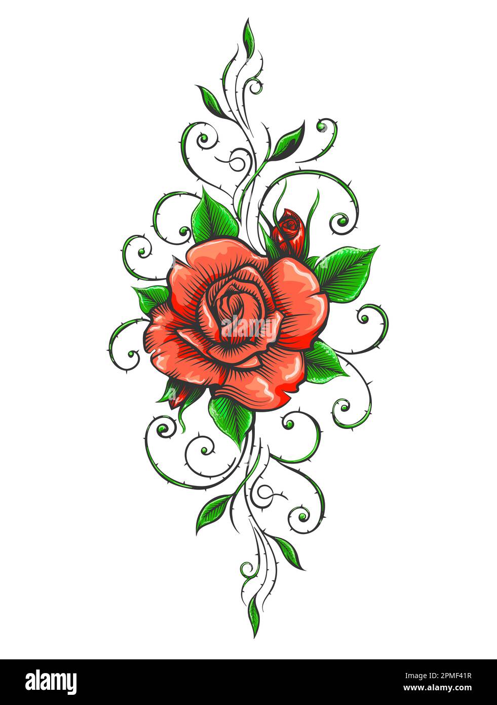 Tatuaggio di rose colorate fiore disegnato in stile incisione isolato su bianco. Illustrazione Vettoriale