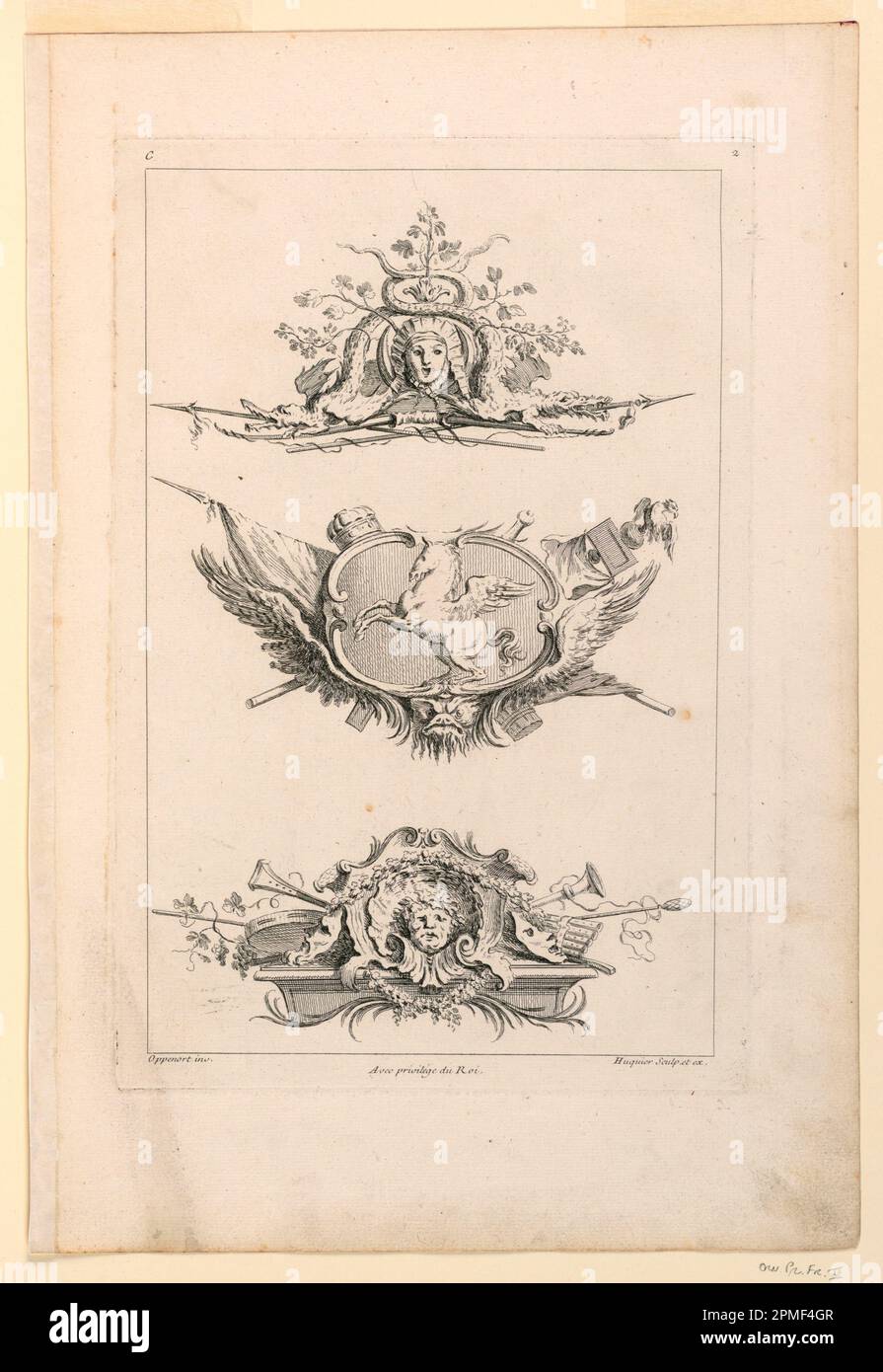 Stampa, pagina due da 'Toisieme Livre Contenant Des Frises ou Paneaux en longueur Inventés Par G. M. Oppenort Architecte du Roi et Gravés par Huquier'; disegnato da Gilles-Marie Oppenord (francese, 1672-1742); inciso da Gabriel Huquier (francese, 1695-1772); Francia; incisione su carta; 41,3 x 28,1 cm (16 1/4 x 11 1/16 pollici); 1959-85-14 Foto Stock