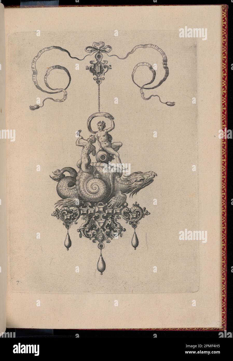 Stampa, lastra 7, da Bullarum Inaurium ecc. Archetypi Artificiosi Pars Altera (pendenti, Orecchini, ecc.. Disegni della natura più abile, parte seconda); disegnati da Hans Collaert il Vecchio (fiammingo, ca. 1530 - 1581); inciso da Adriaen Collaert (fiammingo, ca. 1560 – 1618); pubblicato da Philips Galle (Fiammingo, 1537 – 1612); Olanda; incisione su carta, stesa e dorata Foto Stock