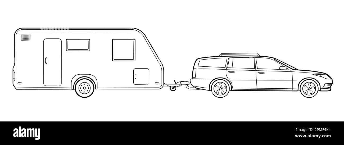 Station wagon car con camping rimorchio vettore stock illustrazione. Illustrazione Vettoriale